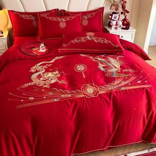 光棉丝XUO床婚婚四件套结婚床新婚中式龙凤刺绣大红结