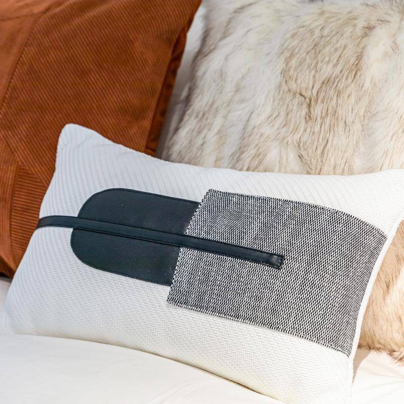 麻黑白接色腰枕皮革MUN+棉拼设计现代简约轻奢样房沙板发靠枕抱枕