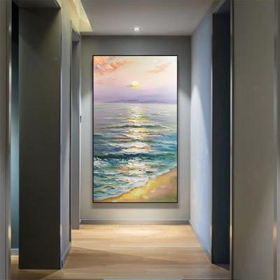 现简走约玄关装饰画巨海景高幅端PFN挂画竖板进门代廊壁画纯手绘