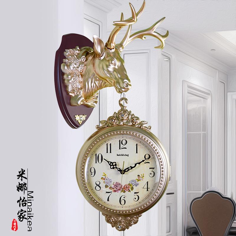 美式古双面挂钟客厅复钟9920/991表创意个鹿性头装音饰壁挂大号静