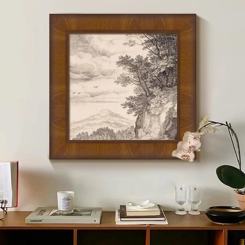 法式复古客厅装饰画风景线稿素描卧室挂画美拉德中古餐厅玄关壁画图片