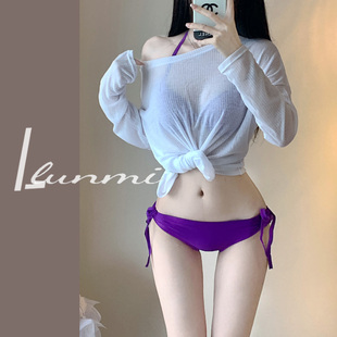 LunMi辣妹显胸紫色新款 聚拢钢托比基尼小胸聚拢沙滩度假温泉泳衣