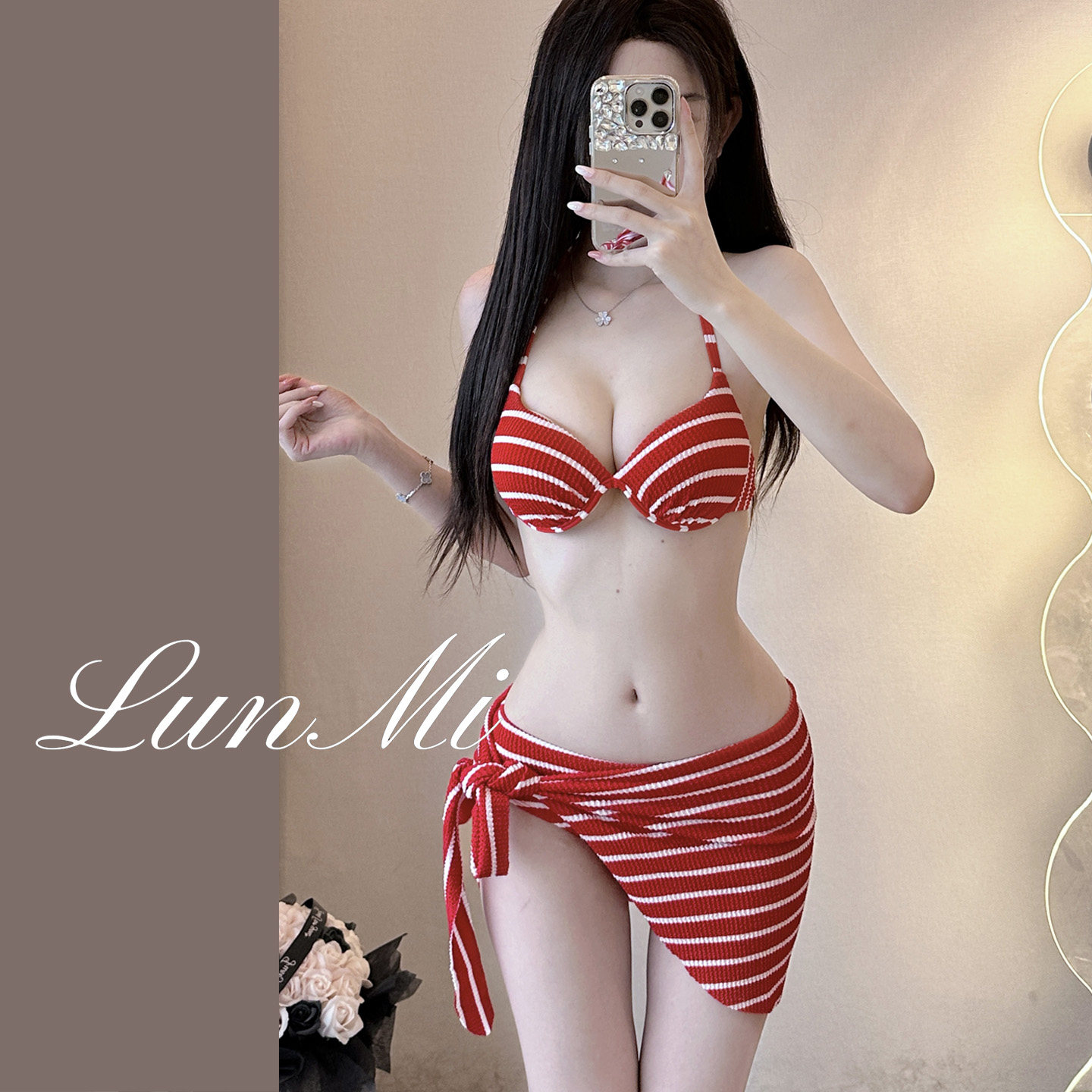 LunMi红白条比基尼三件套钢托聚拢小胸显瘦绑带裙三亚度假温泉泳