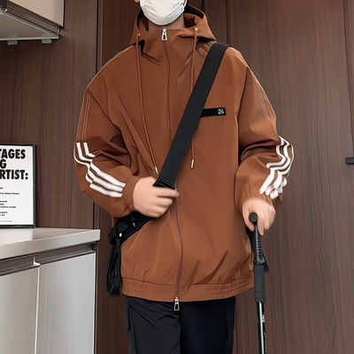 连帽仿冲锋衣男条纹外套男士情侣