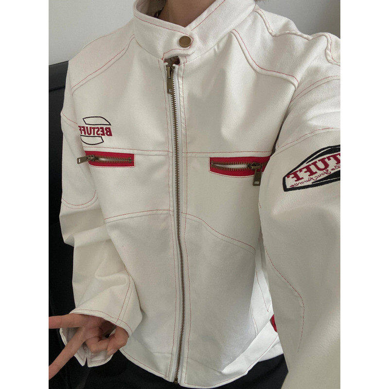 皮衣外套男白色短款春秋款美式高街机车服潮牌高级感立领刺绣夹克