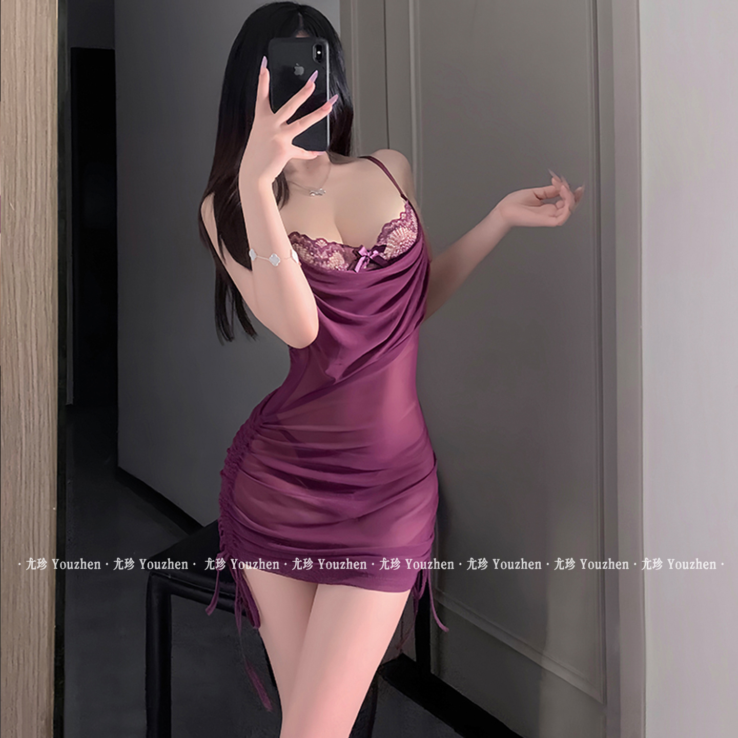 尤珍~性感紫色蕾丝包臀裙情侣约会战袍女吊带睡衣qqny勾魂内衣服