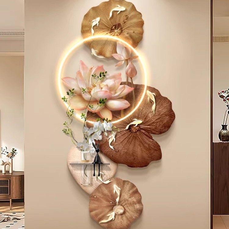 九鱼图入户玄关装饰画中古风立体砂岩走廊过道挂画水培绿植壁灯画