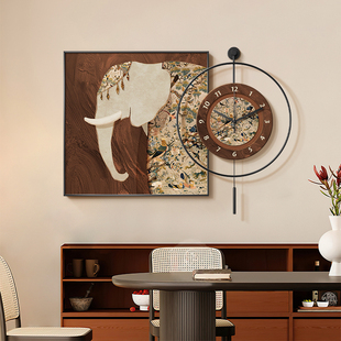 中古风大象餐厅装饰画复古动物高级感餐桌背景墙挂画挂钟饭厅壁画