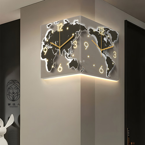 地图墙角拐转角时钟装饰画轻奢高级感创意钟表客厅极简挂画双面钟