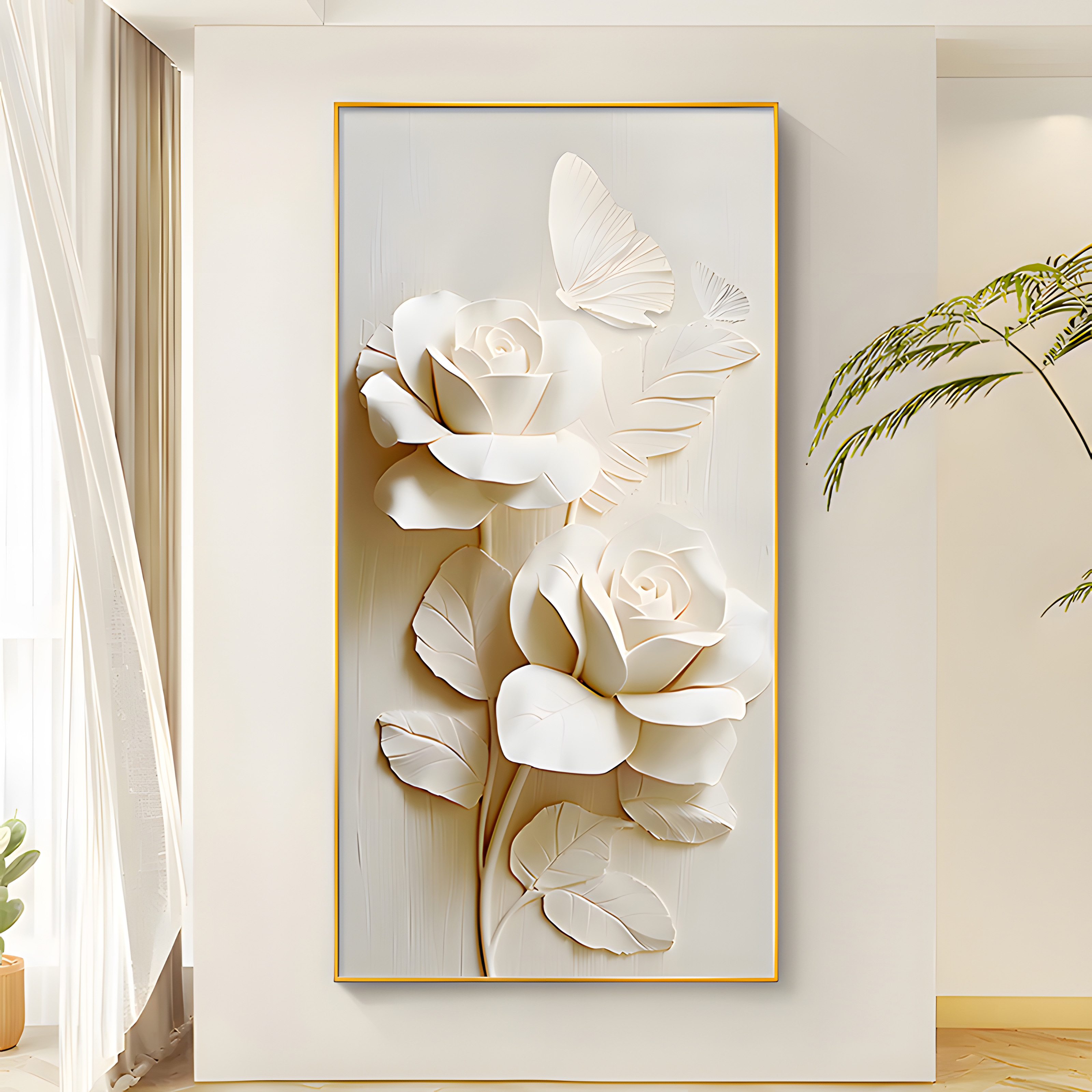 奶油风花卉玄关装饰画立体浮雕感壁画2024年新款客厅过道尽头挂画图片