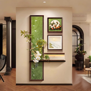 中古风玄关装饰画砂岩立体走廊过道挂画水培绿植入户造型墙面壁画