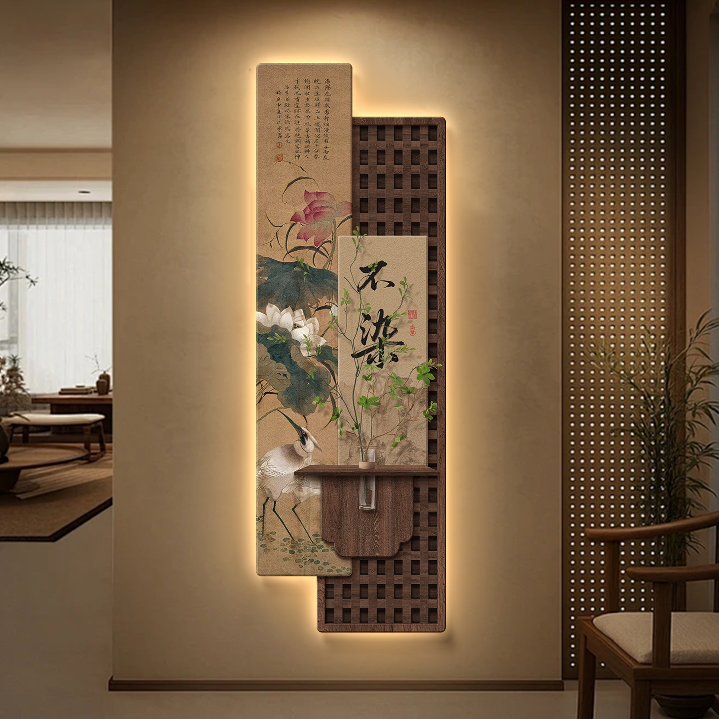 宋代美学玄关装饰画见山书法壁画中古风发光灯画入户走廊过道挂画