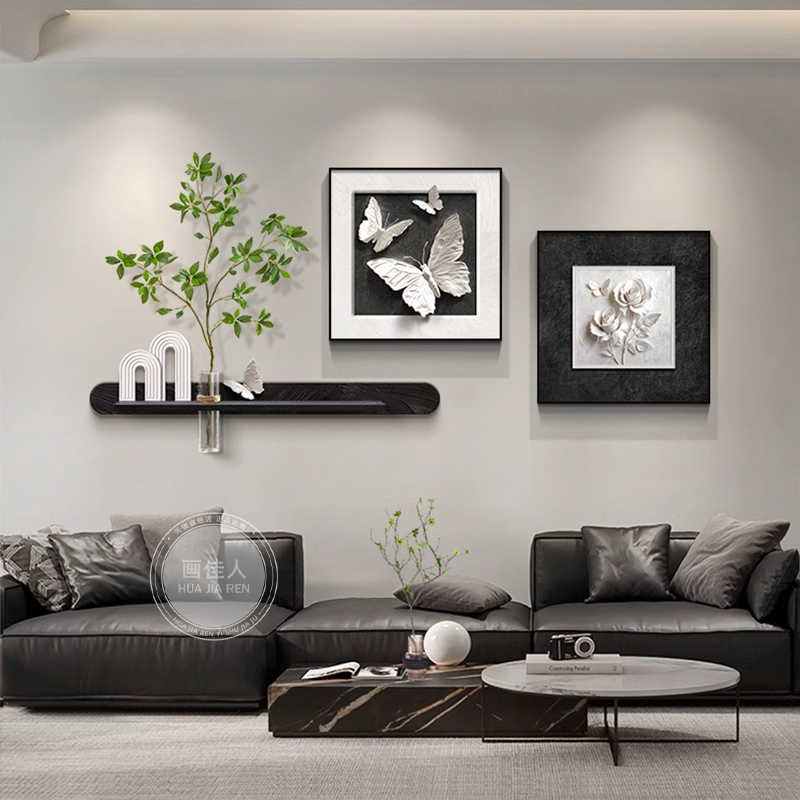 简约现代客厅装饰画黑白蝴蝶沙发背景墙挂画新款高级感餐厅壁画图片