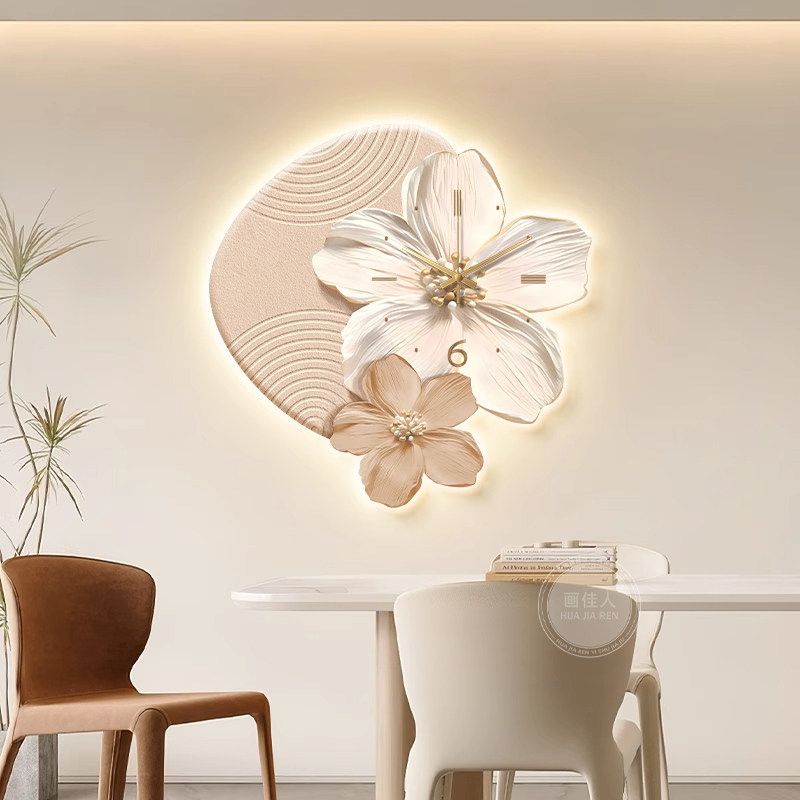 奶油风餐厅钟表装饰画花卉创意客厅挂钟电视背景墙时钟高级感挂画,家居饰品,现代装饰画,淘宝优惠券,粉丝福利购,淘宝优惠卷