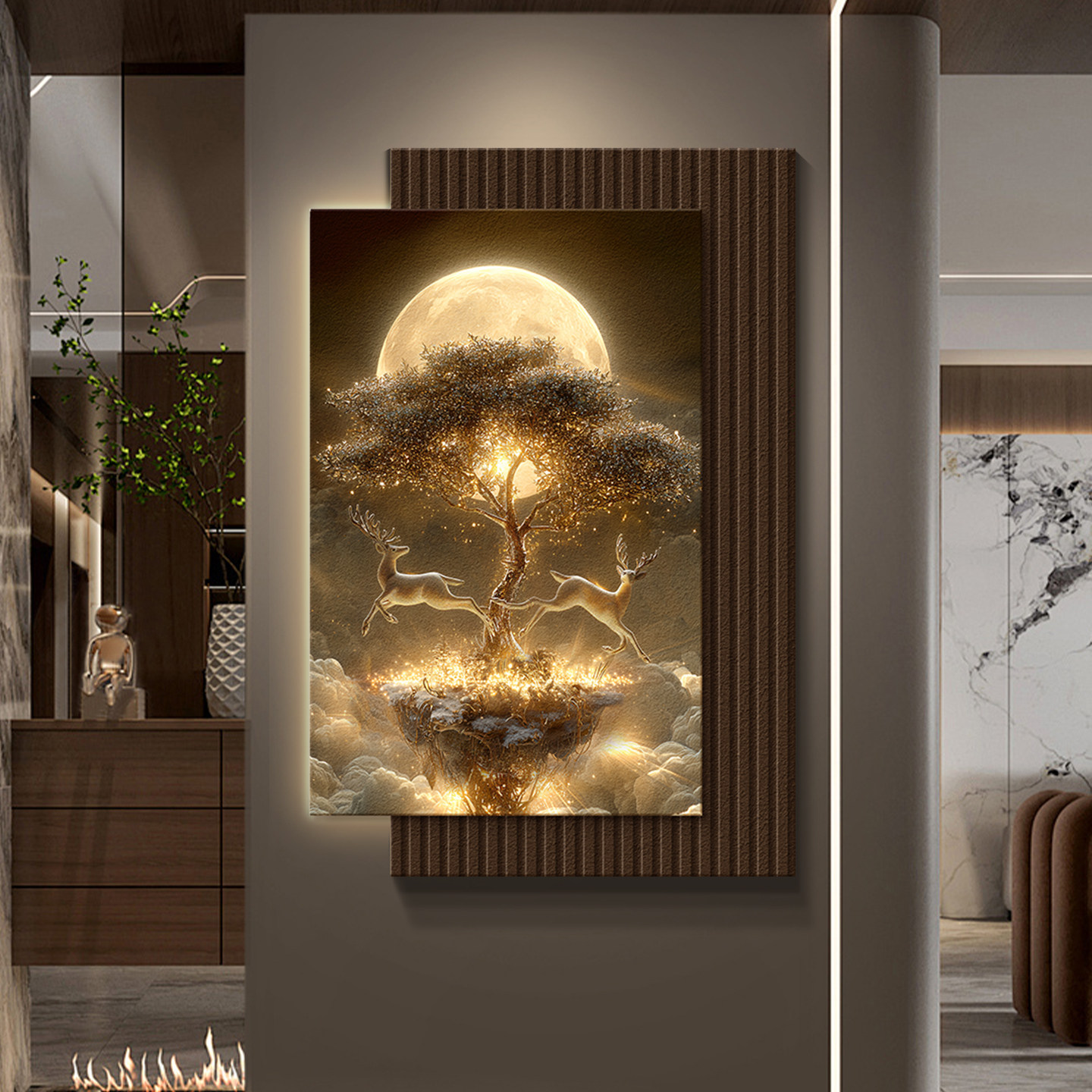 发财树2026新款玄关装饰画入户正对门麋鹿挂画走廊过道高级感壁画