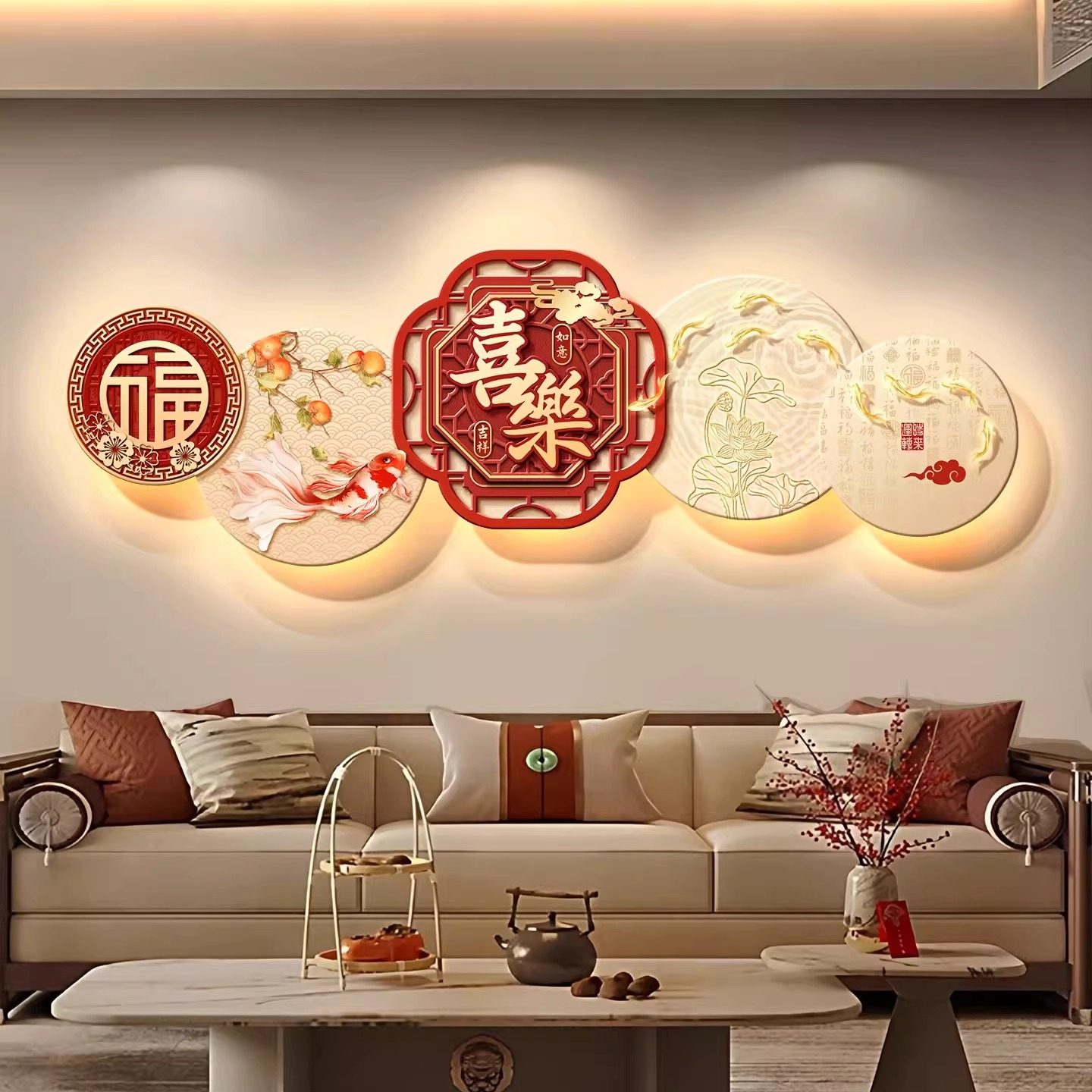 平安喜乐客厅挂画led灯画砂岩肌理新年氛围布置沙发背景墙装饰画,家居饰品,现代装饰画,淘宝优惠券,粉丝福利购,淘宝优惠卷