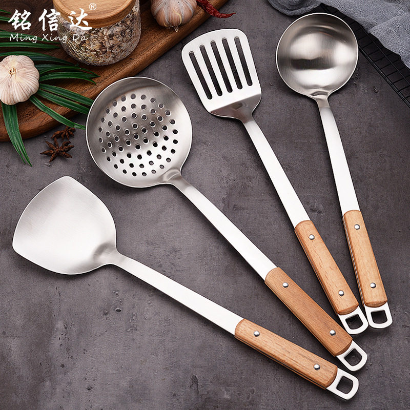 加厚迷你小锅铲不锈钢锅铲木柄厨具短柄铁锅铲防烫木柄锅铲勺套餐
