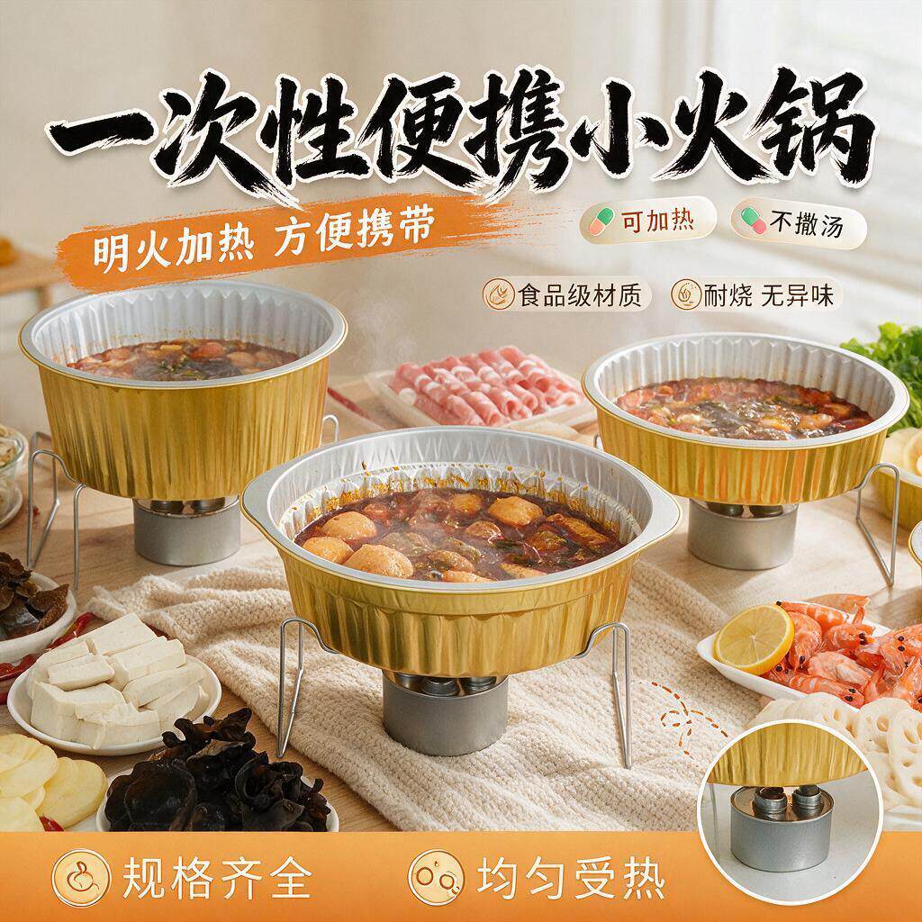 火锅神器一次性小锡纸盒外卖锅具带支架铝箔盒圆形烤鱼外卖餐盒热