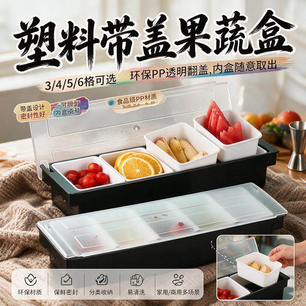 水果收纳盒吧台调料盒保鲜盒分格酒吧鸡尾酒调味盒装饰带盖六格果