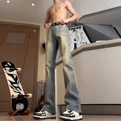美式高街复古蓝高腰牛仔裤男款秋季vibe裤子高个子修身直筒微喇裤