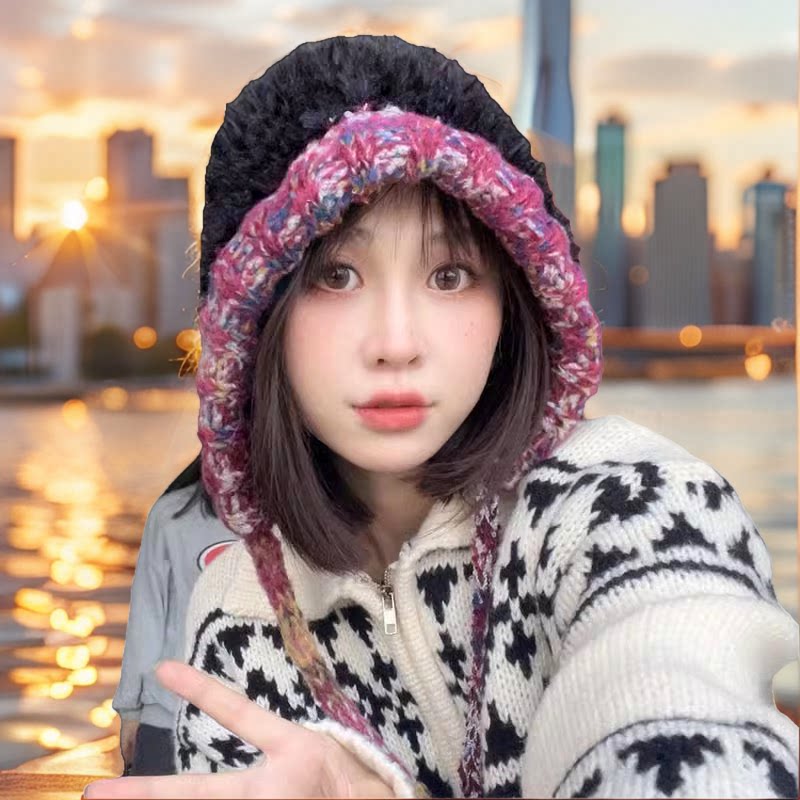 韩系彩绑毛绒护耳雷锋帽女冬季