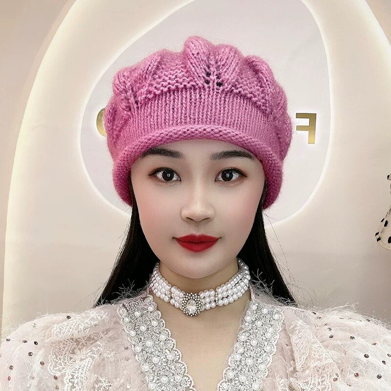 手工松鼠绒八角帽秋冬保暖遮白发贝蕾帽针织毛线帽2025新款帽子女