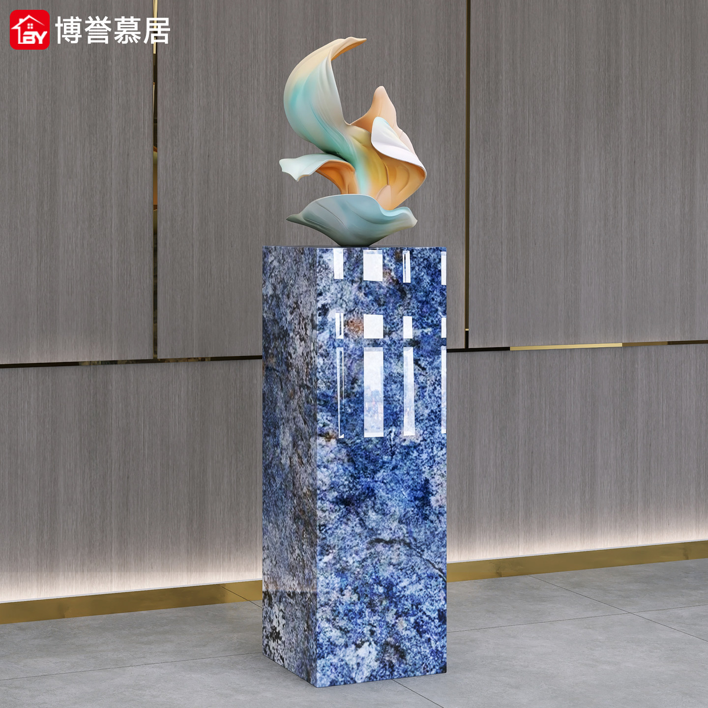 T5莫奈睡莲蓝大理石底座丨增高轻奢落地客厅酒店装饰摆件底座