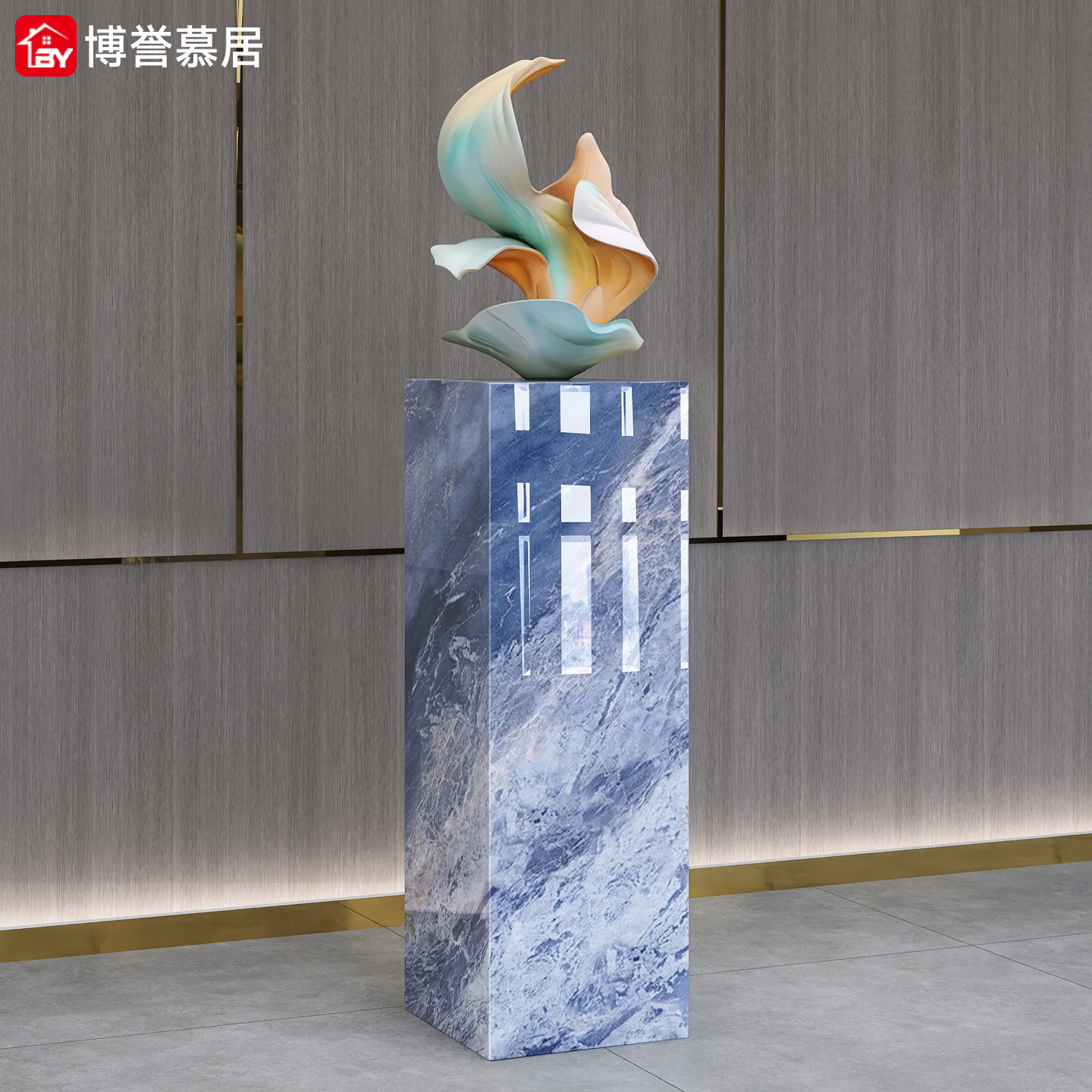 T8瓦尔登浪灰蓝大理石底座丨轻奢落地客厅酒店装饰摆件底座