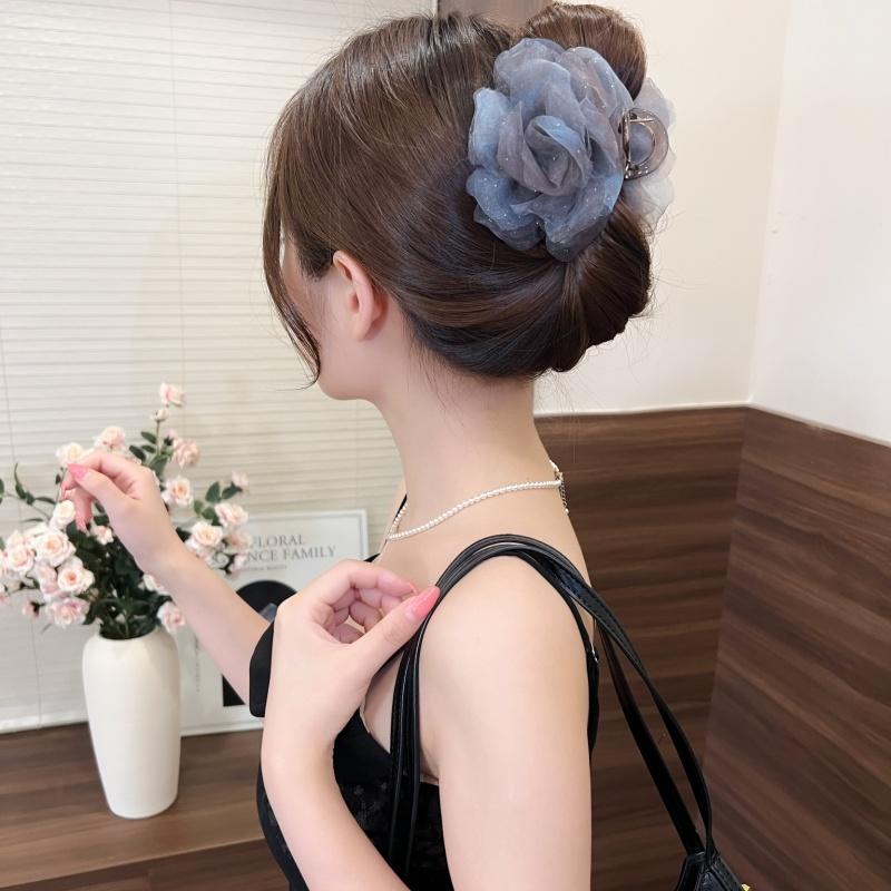 网纱玫瑰花朵抓夹满天星发夹女后脑勺盘发鲨鱼夹子高级感发卡发饰