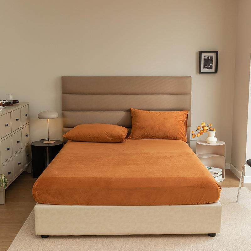 秋冬款简约风保暖天鹅绒床笠柔软双人保护套纯色日式加厚床单床笠