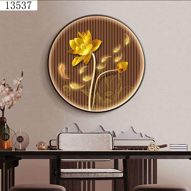 新中式荷花装饰画玄关立体圆形壁画茶室带灯挂画莲花墙面图片