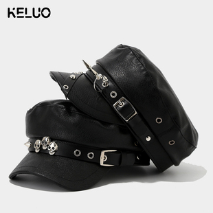 辣妹皮扣复古街头八角帽潮小众暗黑朋克风铆钉PU皮质帽 KELUO个性
