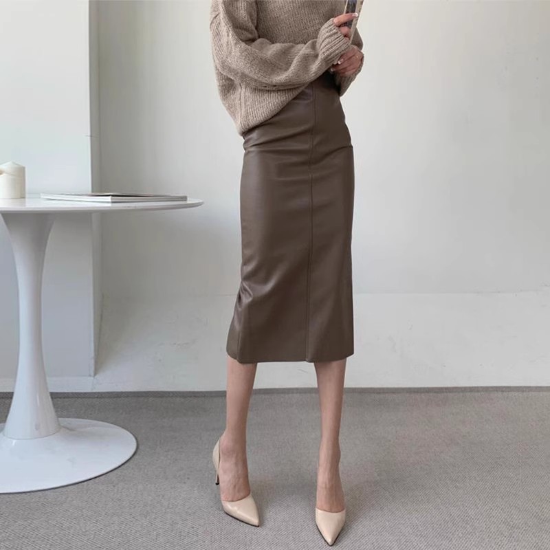 Rear slit high  waist mid length long skirt 后开叉高腰中长裙