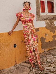 V-neck ruffled slit backless dress V领荷叶边开衩露背连衣裙女