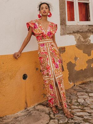 V-neck ruffled slit backless dress V领荷叶边开衩露背连衣裙女