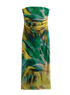 Printed pleated slim fit strapless dress印花褶皱抹胸连衣裙女