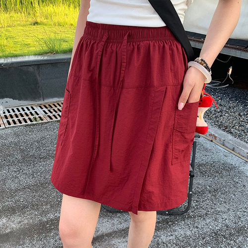 女士纯色松紧百褶半身短裤裙