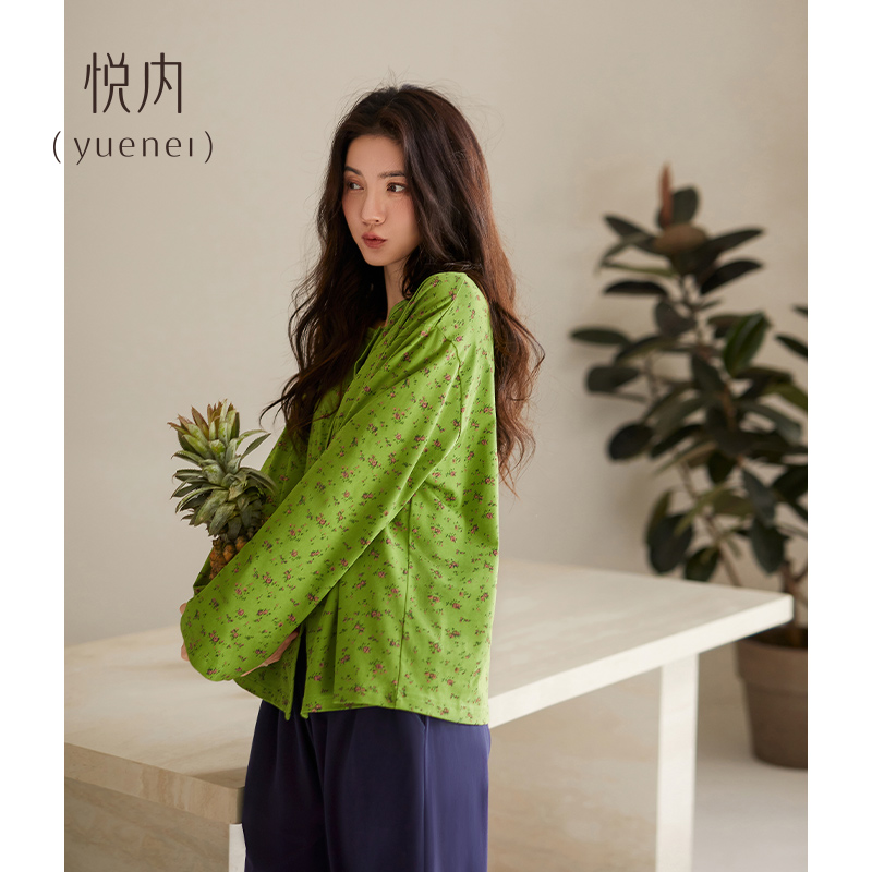 悦内睡衣女春秋款秋季纯棉长袖家居服秋天圆领优雅碎花开衫可外穿