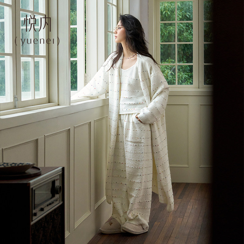 悦内半边绒睡袍女睡衣秋冬季珊瑚绒吊带背心长款大码家居服三件套