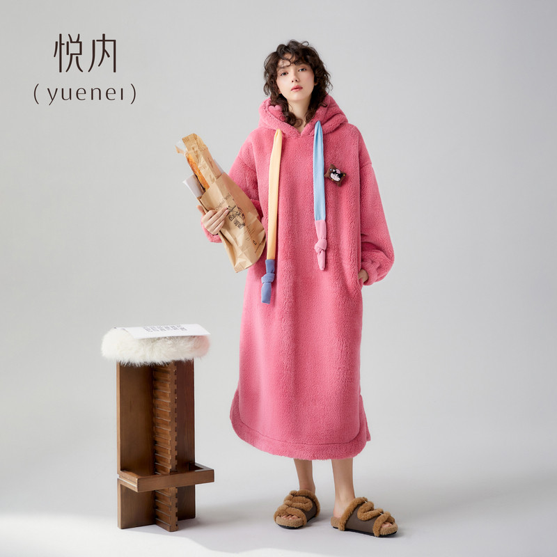 悦内睡裙女士冬季冬天法兰绒加绒加厚毛绒中长款舒适居家睡衣裙子