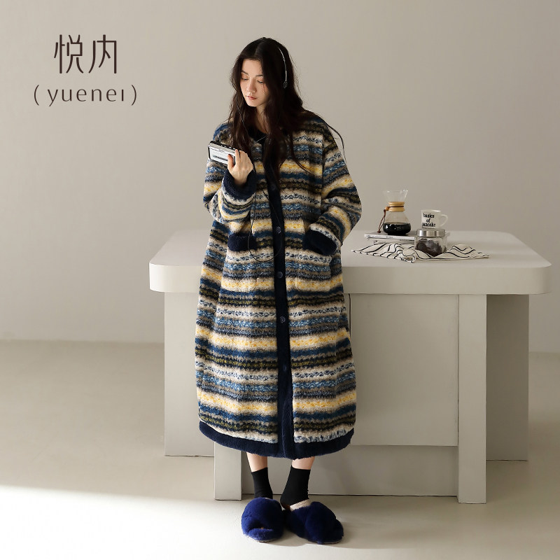 悦内睡裙女睡衣款冬季冬天法兰绒加绒加厚珊瑚绒中长款大码费尔岛