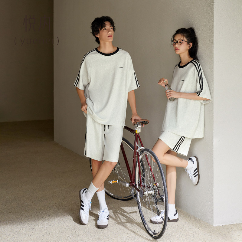 悦内情侣睡衣女夏季夏天纯棉短袖短裤家居服男款时尚运动休闲套装