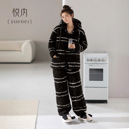 悦内睡衣女款秋冬季冬款冬天珊瑚绒三层加厚夹棉加绒家居服可外穿