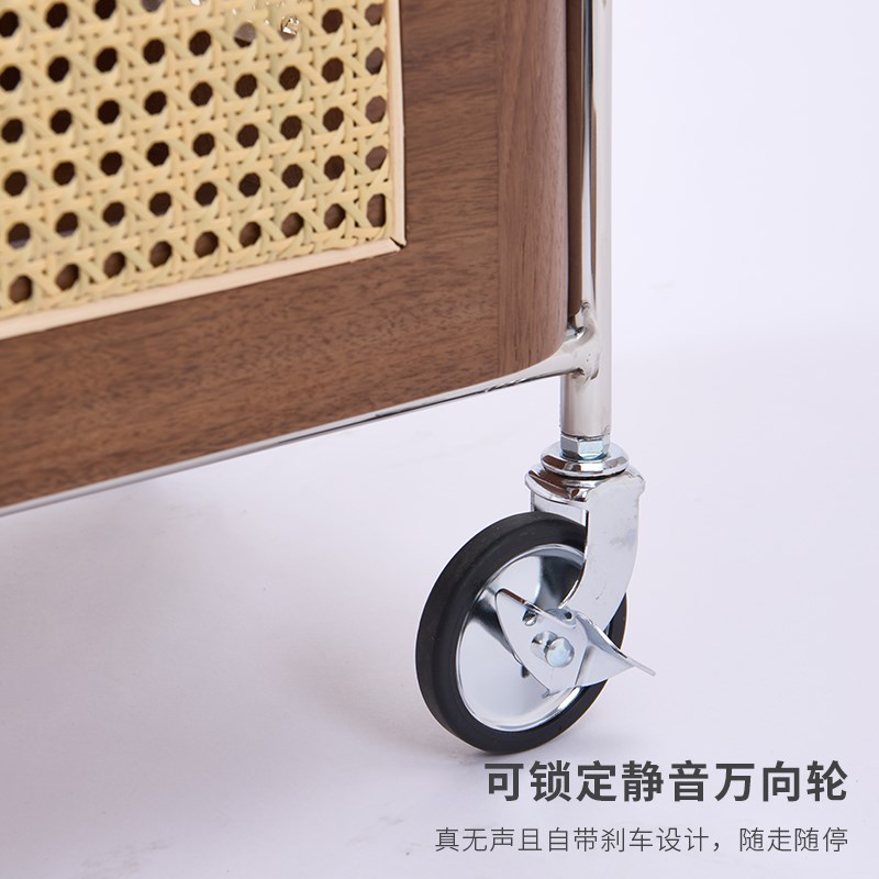 中古风小推车黑胡k桃木色可移动带轮小茶几客厅沙发收纳复古藤编