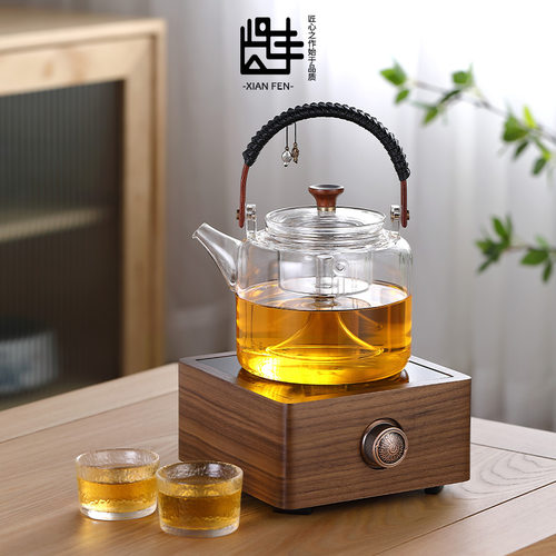 贤丰胡桃木e电陶炉煮茶器套装玻璃煮茶壶小型煮茶炉家用蒸茶烧水