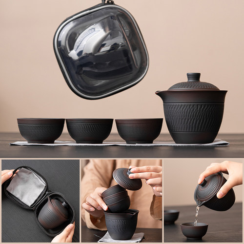 紫陶旅行茶具户外露n营泡茶一人三杯套装功夫茶杯旅行装便携快客