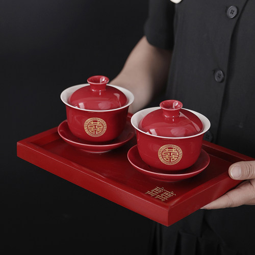 陪嫁敬茶杯结婚喜k碗套装敬酒茶杯改口对碗红碗一对碗筷红色婚礼