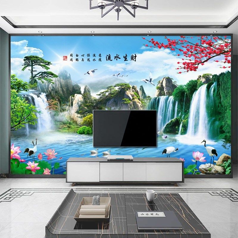 迎客松水墨山水墙纸中式客厅电视背景墙壁纸N办公茶室装饰壁画墙,家装主材,定制壁画,淘宝优惠券,粉丝福利购,淘宝优惠卷