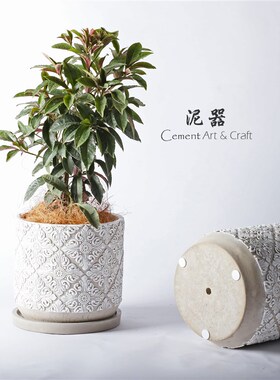 泥器创意北欧浮雕复古水泥花盆圆形大号有孔P带盘虎皮兰绿植花器