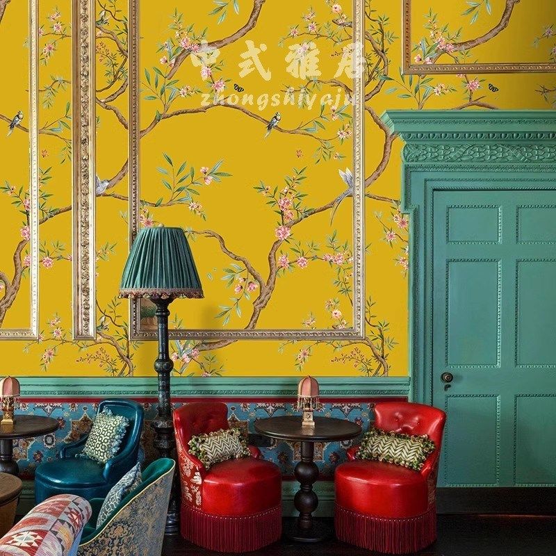 轻奢中式黄色花鸟高级感壁纸客厅定制法式墙纸Q卧室电视背景墙墙,家装主材,定制壁画,淘宝优惠券,粉丝福利购,淘宝优惠卷